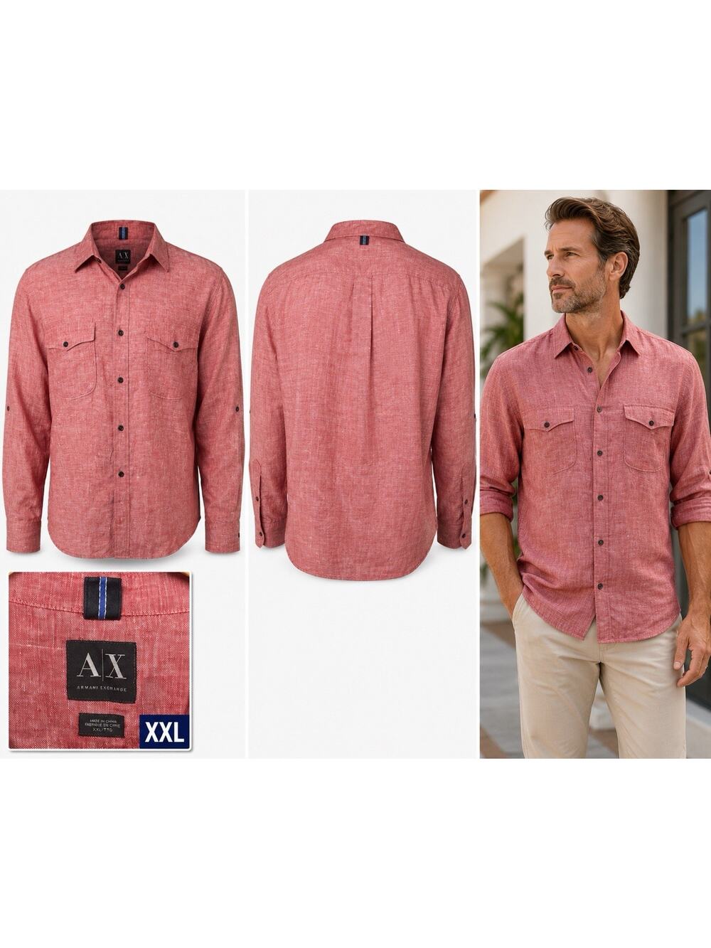 Armani Exchange AX Mens XXL Red Linen Button Up Shirt Long Sleeve Cool Preppy